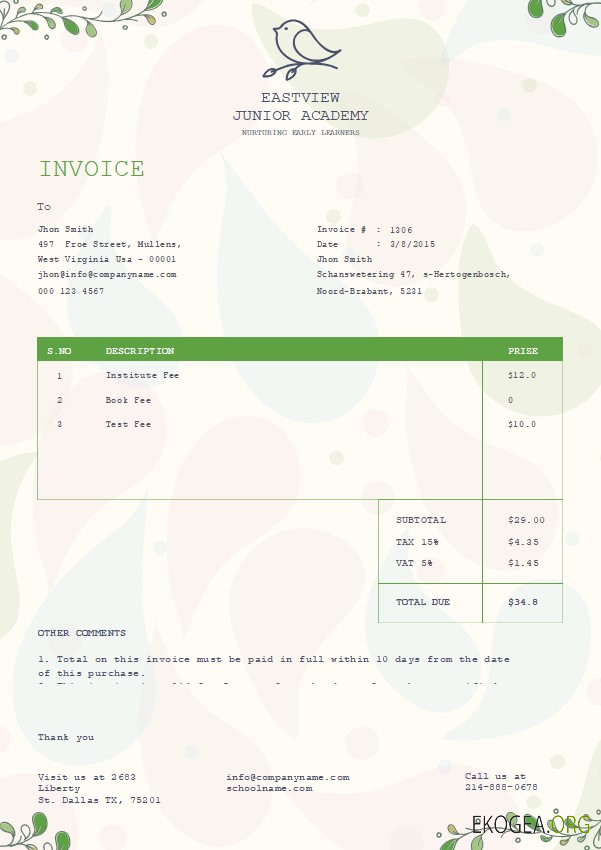 Modèle de facture gratuit pour la maternelle